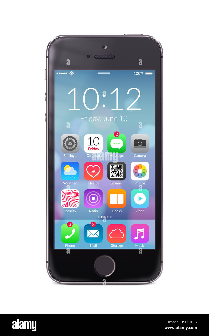 Direttamente vista frontale del mobile nero smart phone con design piatto le icone delle applicazioni sulla schermata isolati su sfondo bianco. Foto Stock Direttamente vista frontale del mobile nero smart phone con design piatto le icone delle applicazioni sulla schermata isolati su sfondo bianco. Foto Stock