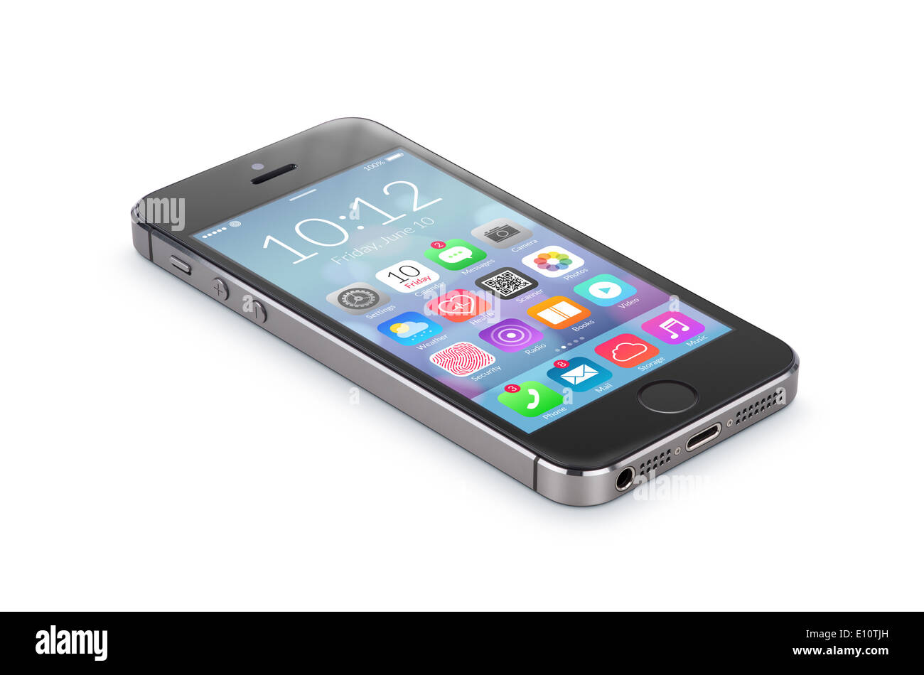 Nero smartphone moderno con design piatto le icone delle applicazioni sulla schermata giace sulla superficie, isolato su sfondo bianco. Foto Stock