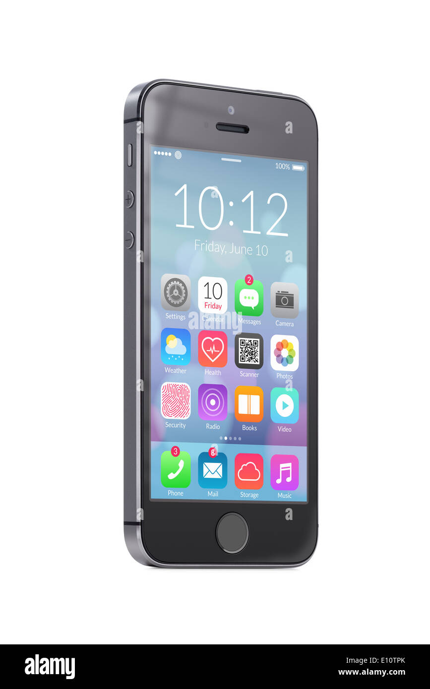 Dal basso verso l'alto vista ruotato ad un leggero angolo nero mobile smart phone con colorati design piatto le icone delle applicazioni sullo schermo. Foto Stock Dal basso verso l'alto vista ruotato ad un leggero angolo nero mobile smart phone con colorati design piatto le icone delle applicazioni sullo schermo. Foto Stock