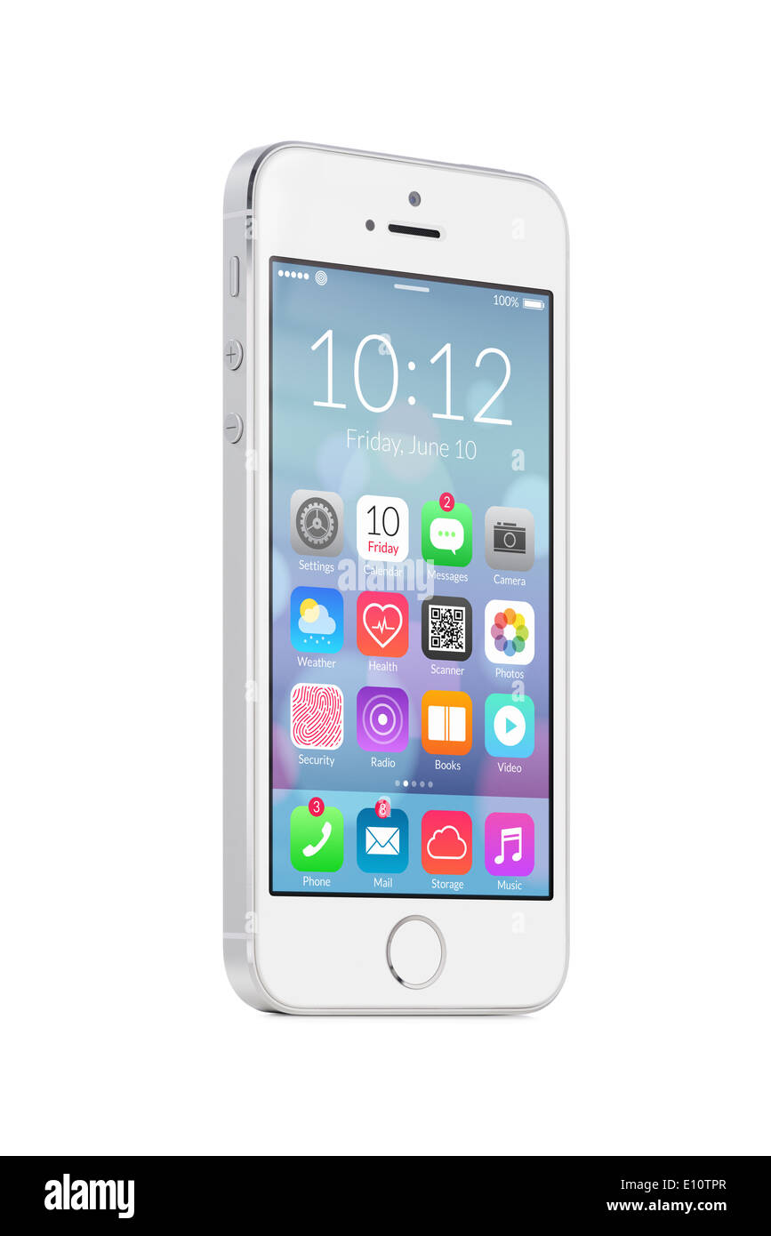 Dal basso verso l'alto vista ruotato ad un leggero angolo bianco mobile smart phone con colorati design piatto le icone delle applicazioni sulla schermata Foto Stock Dal basso verso l'alto vista ruotato ad un leggero angolo bianco mobile smart phone con colorati design piatto le icone delle applicazioni sulla schermata Foto Stock