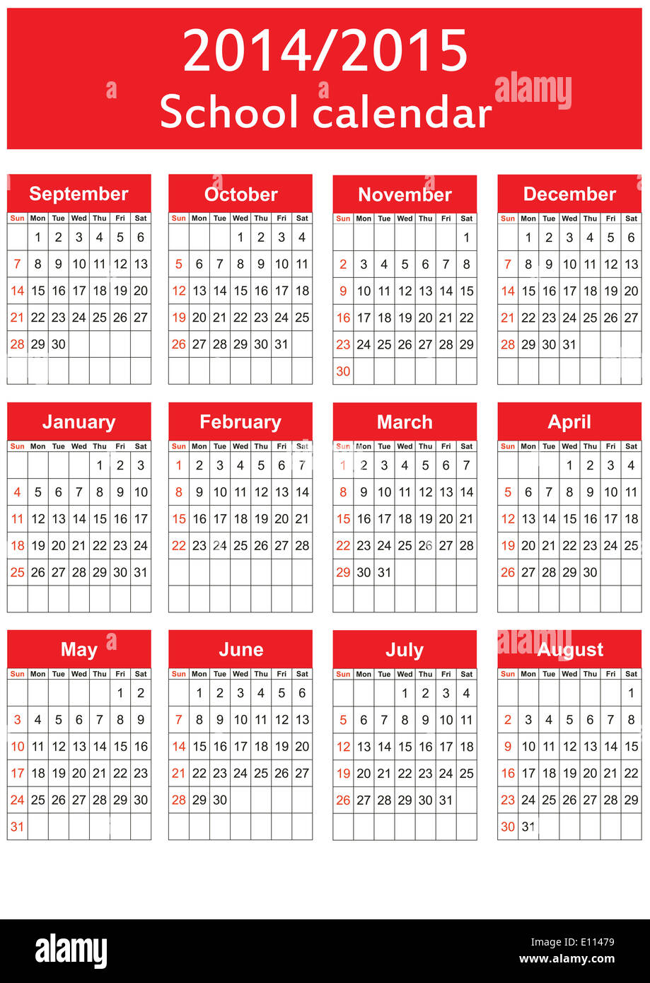 Il calendario scolastico su anni 2014 e 2015 Foto Stock