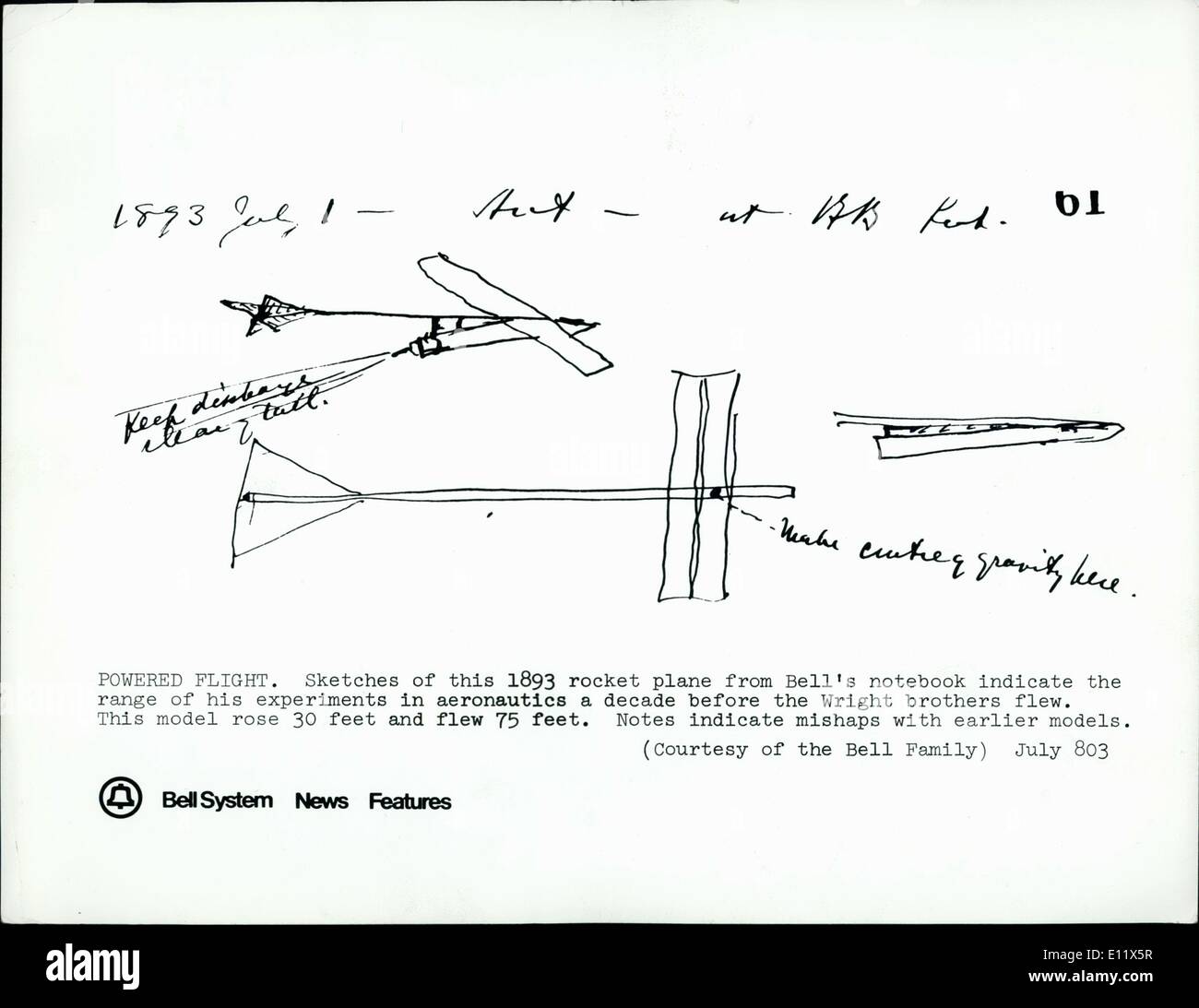 Lug. 07, 1980 - Powered volo. Schizzi di questo 1893 razzi piano da Bell Notebook Dell per indicare la gamma dei suoi esperimenti nel settore aeronautico un decennio prima che i fratelli Wright hanno volato. Questo modello è aumentato di circa 9 metri e sono volato 75 piedi. Note indicano disavventure con i modelli precedenti. Foto Stock