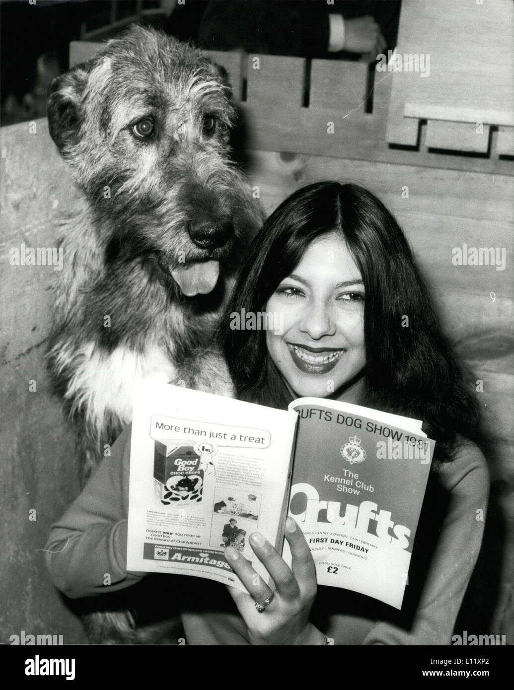 Febbraio 13, 1981 - 13 febbraio 1981 il Crufts Dog Show. Lesley Cahill, 19, di Londra e il suo cane Ã¢â'¬ËoePoppy', un Irish Wolfhound, studiare il programma prima della partenza del giudicare il giorno di apertura del il Crufts Dog Show a Earls Court a Londra. Foto Stock