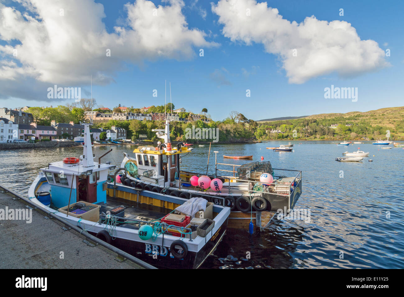 PORTREE porto sulla isola di Skye con barche da pesca e case circostanti con alberi in primavera Foto Stock