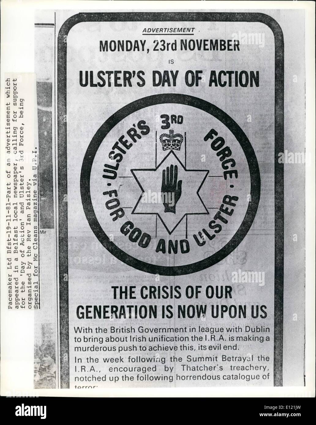 Nov. 11, 1981 - Pacemaker Bfst Ltd - parte di un annuncio che è comparso in un Belfast giornale locale, chiedendo il sostegno per il 'Day dell' azione e Ulster la terza forza, organizzata dal don Ian Paisley. Foto Stock