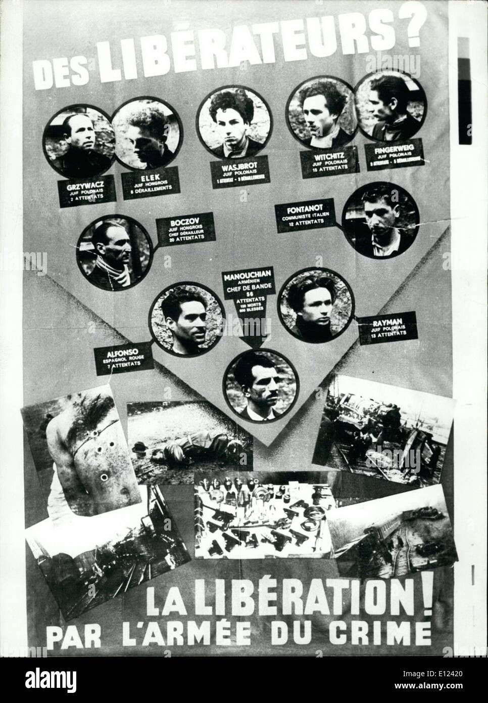 Giugno 12, 1985 - Il film ''i terroristi in pensione" sarà trasmesso su A2 su 2 Luglio 2, 1985 come parte della schermata record. Ricordate che la cancellazione di questo film il 29 maggio aveva scatenato un gioco politico. Ecco il manifesto che che i soldati tedeschi appeso in tutta la Francia nel 1943 per ordine del governo di Vichy. I membri della resistenza eseguito su 21 Febbraio, 1944. Foto Stock