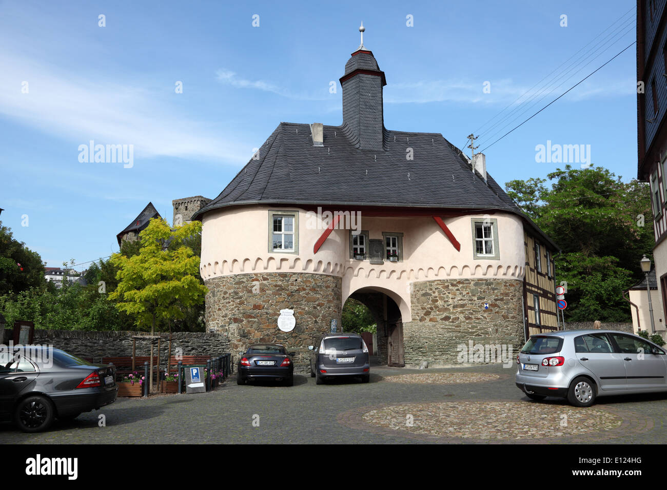 Cancello per il vecchio castello in città Runkel. Hesse, Germania Foto Stock