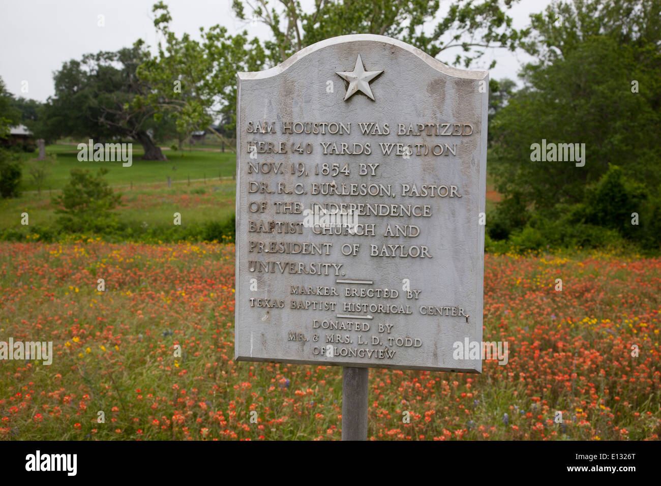 Texas State Historical marker al piccolo Rocky Creek nei pressi di indipendenza, Texas, note sito nelle vicinanze di Sam Houston's 1854 battesimo Foto Stock