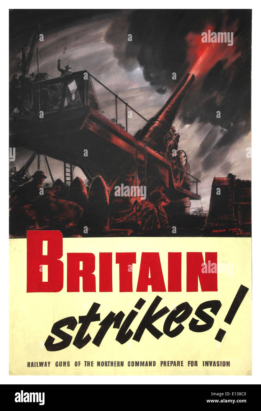 WW2 propaganda poster "Gran Bretagna colpisce " pistole ferroviaria del Comando Nord preparando per invasione 1944 Foto Stock