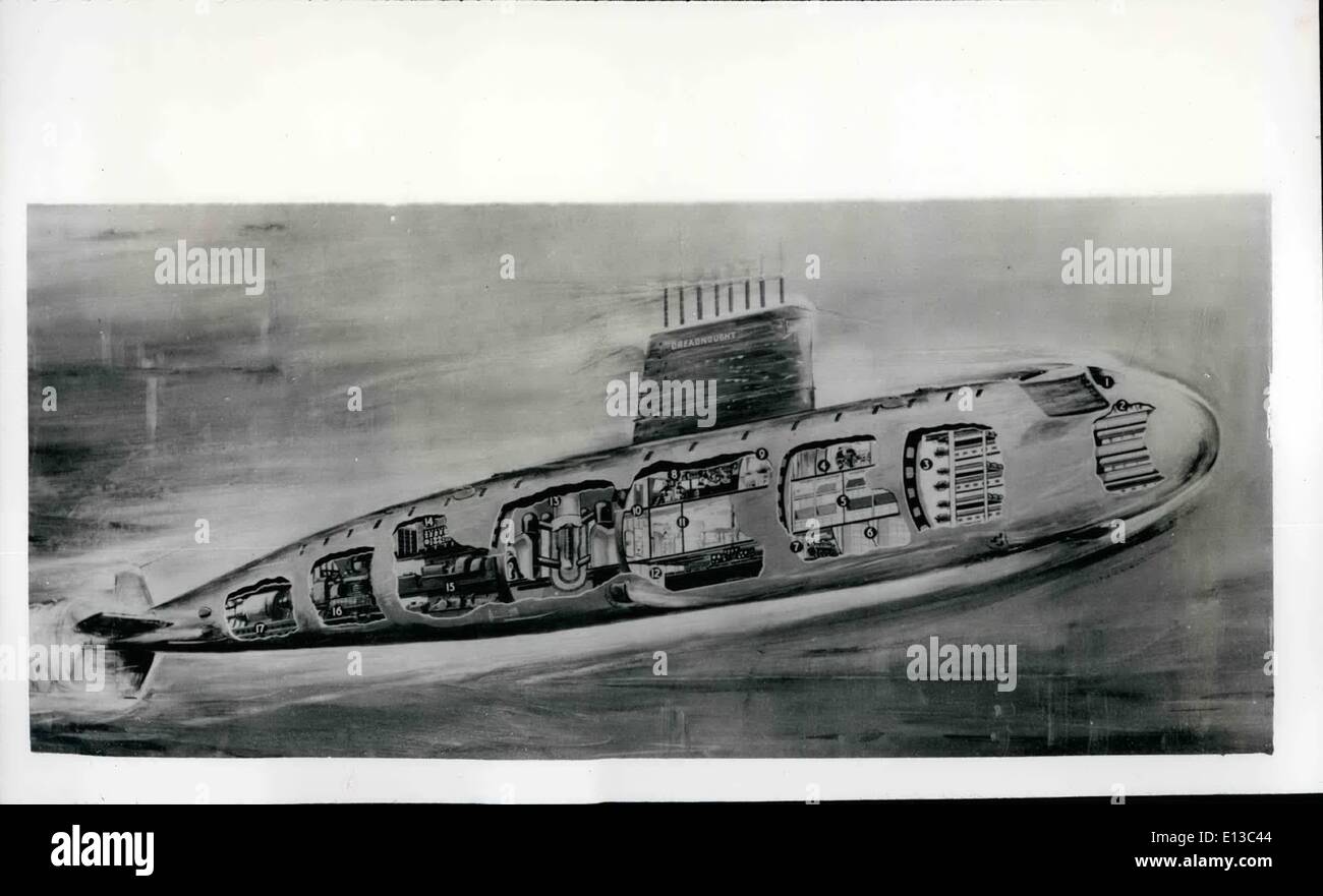 Febbraio 29, 2012 - Disegno di Gran Bretagna il primo sottomarino nucleare - Un Admiralty artista della impressione preparato per mostrare la posizione dei vani principali in sottomarino nucleare Dreadnought, che saranno fissate a Barrow-in-Furniss cantiere di Vickers-Armstrongs (costruttori navali) Ltd oggi (12 giugno). A Barrow-in-Furness, S.A.R. Il Duca di Edimburgo è di stabilire il ''chiglia'', di un manufatto prefabbricato in sezione circolare della placcatura - del Dreadnought, che sarà la Royal Navy è il primo a propulsione nucleare sommergibile Foto Stock