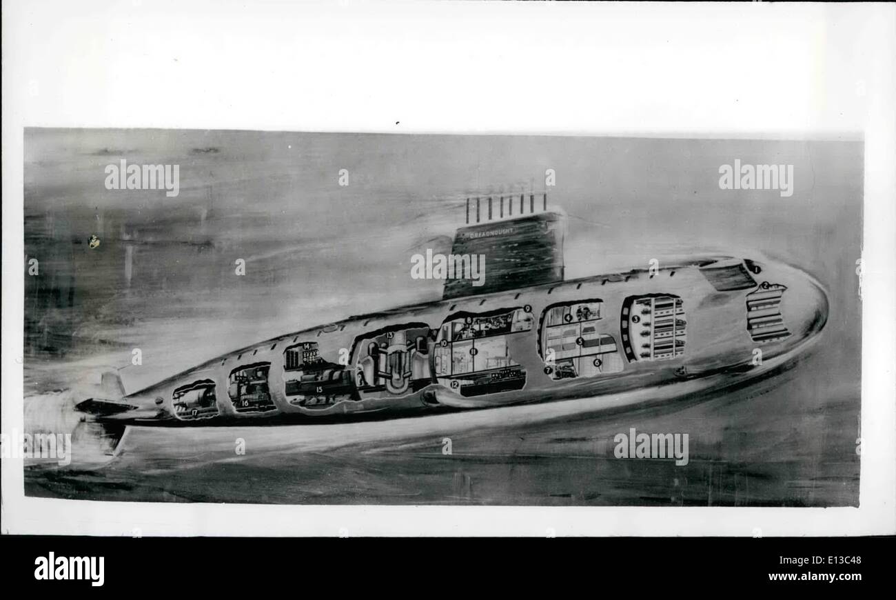 Febbraio 29, 2012 - DISEGNO DI GRAN BRETAGNA Il primo sottomarino nucleare. Un Admiralty artista della impressione preparato per mostrare la posizione dei vani principali in theftUalear subaarine.DREADNOUGHT, che saranno fissate a Barrow-in-Furness cantiere di Vickers-Armstrongs (costruttori navali) bLtd oggi (12 giugno); a Barrow-in-Furness, H,R,H Foto Stock