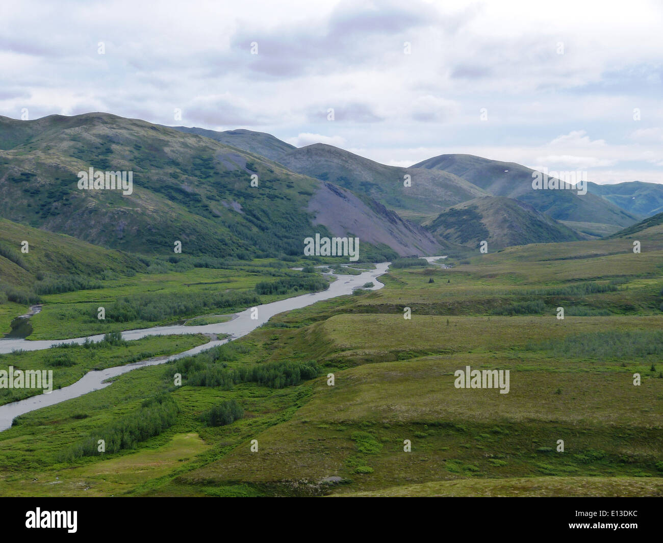 Il fiume Kisaralik, nel Yukon Delta National Wildlife Refuge, è stato studiato per individuare rapaci nelle Kilbuck Mountains con un elicottero. Questa zona è fondamentale per la conservazione degli uccelli e il monitoraggio delle specie migratorie. Foto Stock