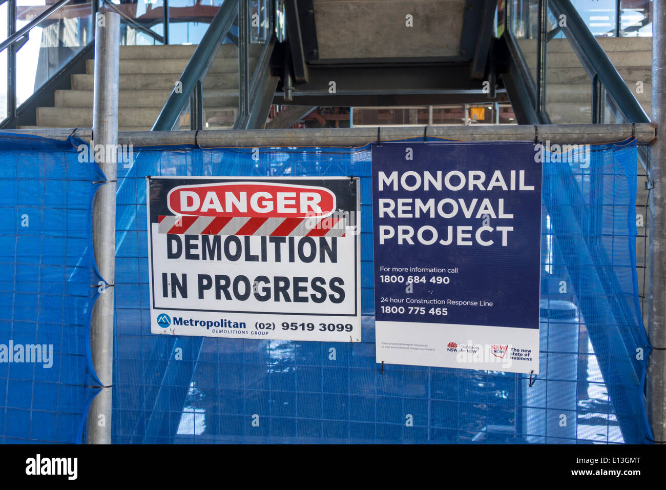 Sydney Australia,Darling Harbour,porto,progetto di rimozione monorotaia,demolizione in corso,cartello,AU140311098 Foto Stock