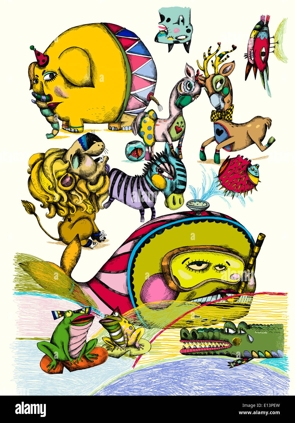 Illustrazione di vari animali selvatici Foto Stock