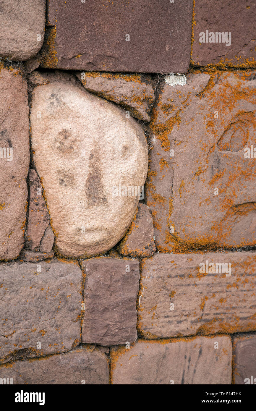 Pietra scolpita tenone-testa annegata nella parete del semi-tempio sotterraneo. Tiwuanaku sito archeologico. Bolivia Foto Stock