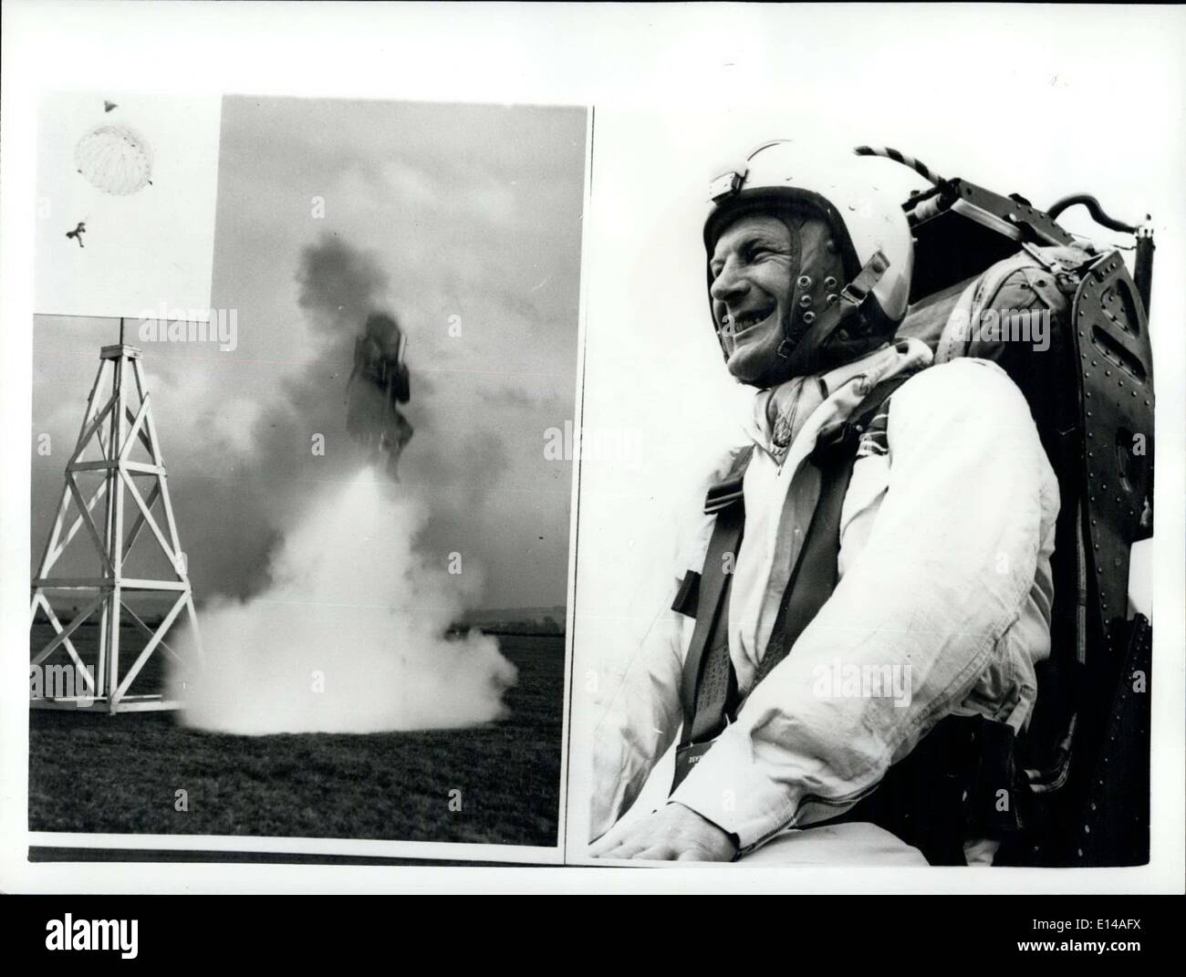 Apr. 17, 2012 - tre cento piedi in aria - In fuga a razzo sede nuova Last-minute dispositivo di fuga per alta velocità Piloti : modificare ''Doddle'' di fieno, 38 anni, ex-R.A.F.Parachute istruttore - hanno recentemente dimostrato il nuovo razzo-sparò sede di espulsore-progettato per aiutare i piloti fuga da alta velocità aerei a basso livello . Il sedile è stato ideato e prodotto da 67 anni, James Martin un direttore del Martin Baker aeromobile co. di Middx.. Nella dimostrazione - Mr.fieno fu espulso 300 ft.into l'aria da uno stato di massa telaio - e dalla altezza che egli è disceso da paracadute Foto Stock
