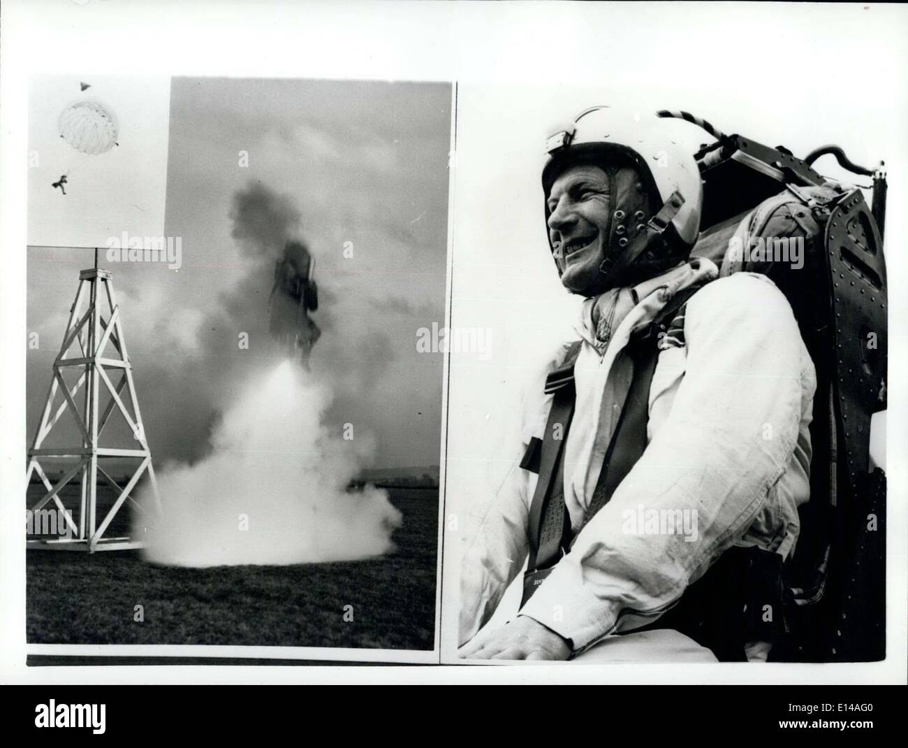 Apr. 17, 2012 - tre cento piedi in aria - In fuga a razzo sede nuova Last-minute dispositivo di fuga per alta velocità Piloti : modificare ''Doddle'' di fieno, 38 anni, ex-R.A.F.Parachute istruttore - hanno recentemente dimostrato il nuovo razzo-sparò sede di espulsore-progettato per aiutare i piloti fuga da alta velocità aerei a basso livello . Il sedile è stato ideato e prodotto da 67 anni, James Martin un direttore del Martin Baker aeromobile co. di Middx.. Nella dimostrazione - Mr.fieno fu espulso 300 ft.into l'aria da uno stato di massa telaio - e dalla altezza che egli è disceso da paracadute Foto Stock