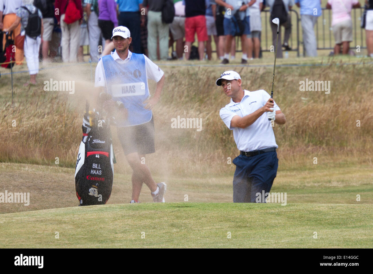 Bill Hass e compartimento durante una pratica rotonda nel 2013 British Open a Muirfield Campo da Golf Foto Stock