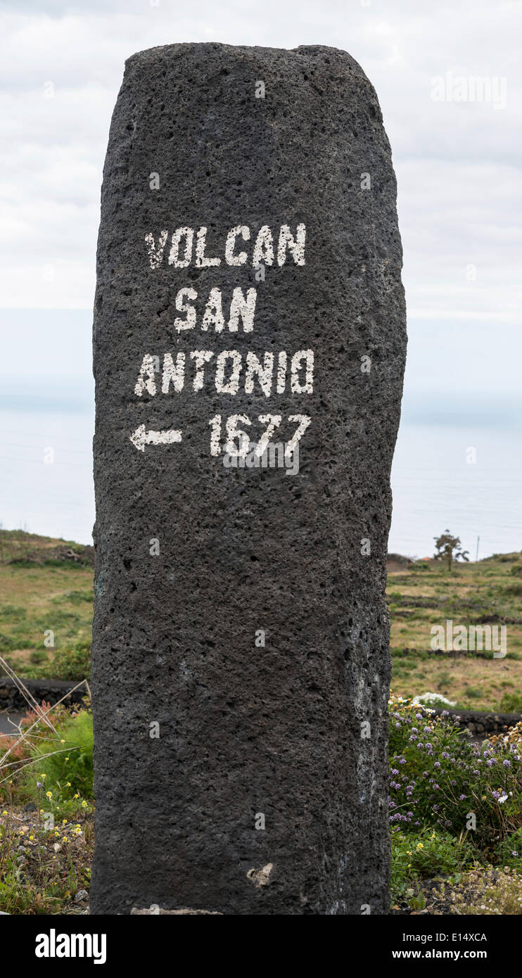 Cartello per San Antonio il vulcano, meridionale di Cape, Punta de Fuencaliente, La Palma Isole Canarie Spagna Foto Stock