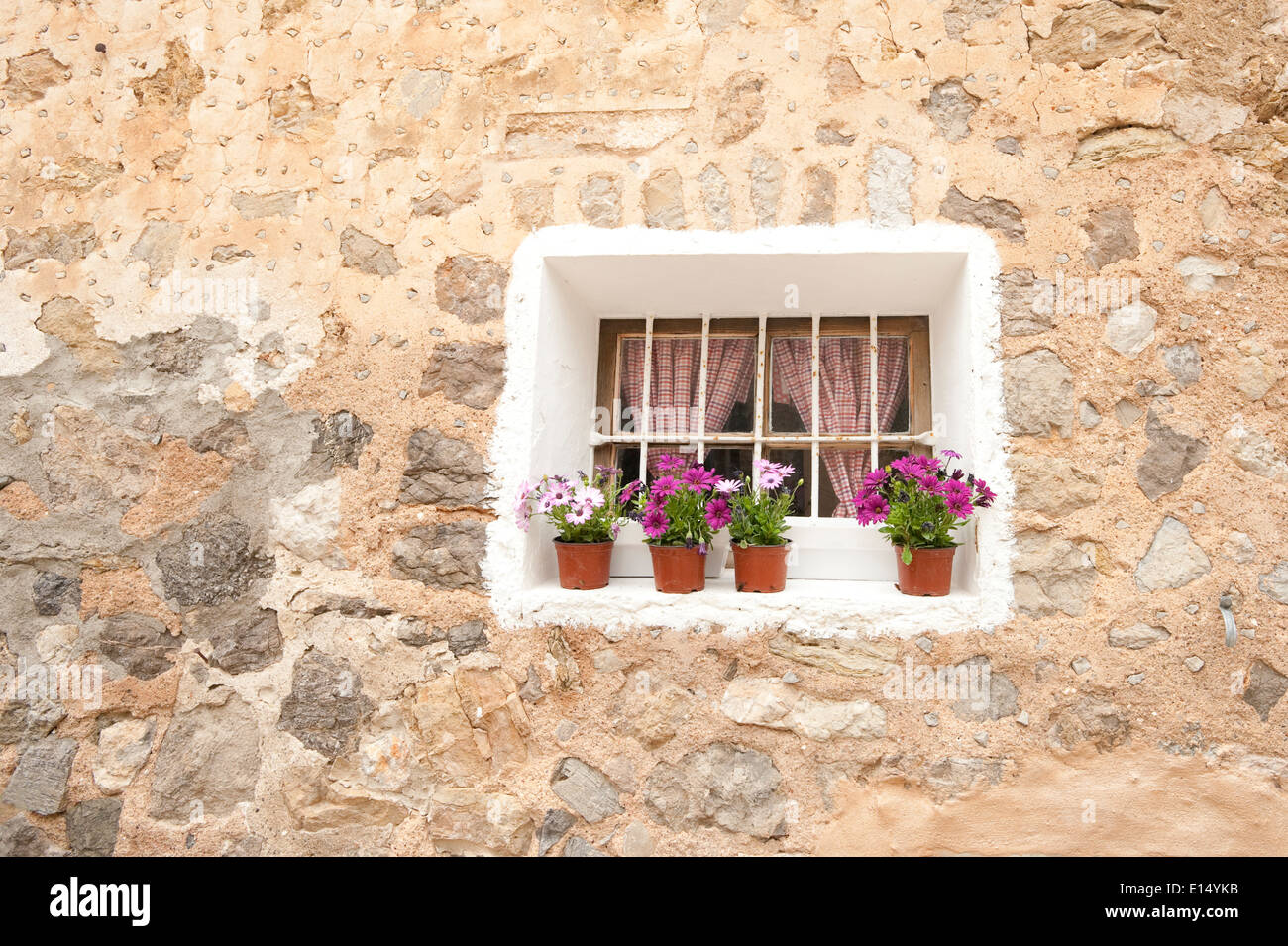 Una fila di vasi da fiori su un davanzale in Deia, Mallorca Foto Stock