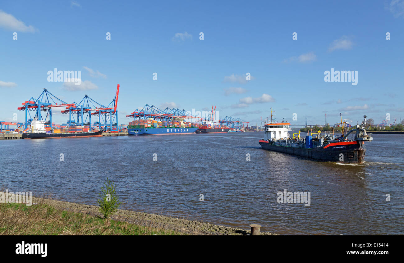 Container terminal Altenwerder (CTA), Ponte Koehlbrand, Amburgo, Germania Foto Stock