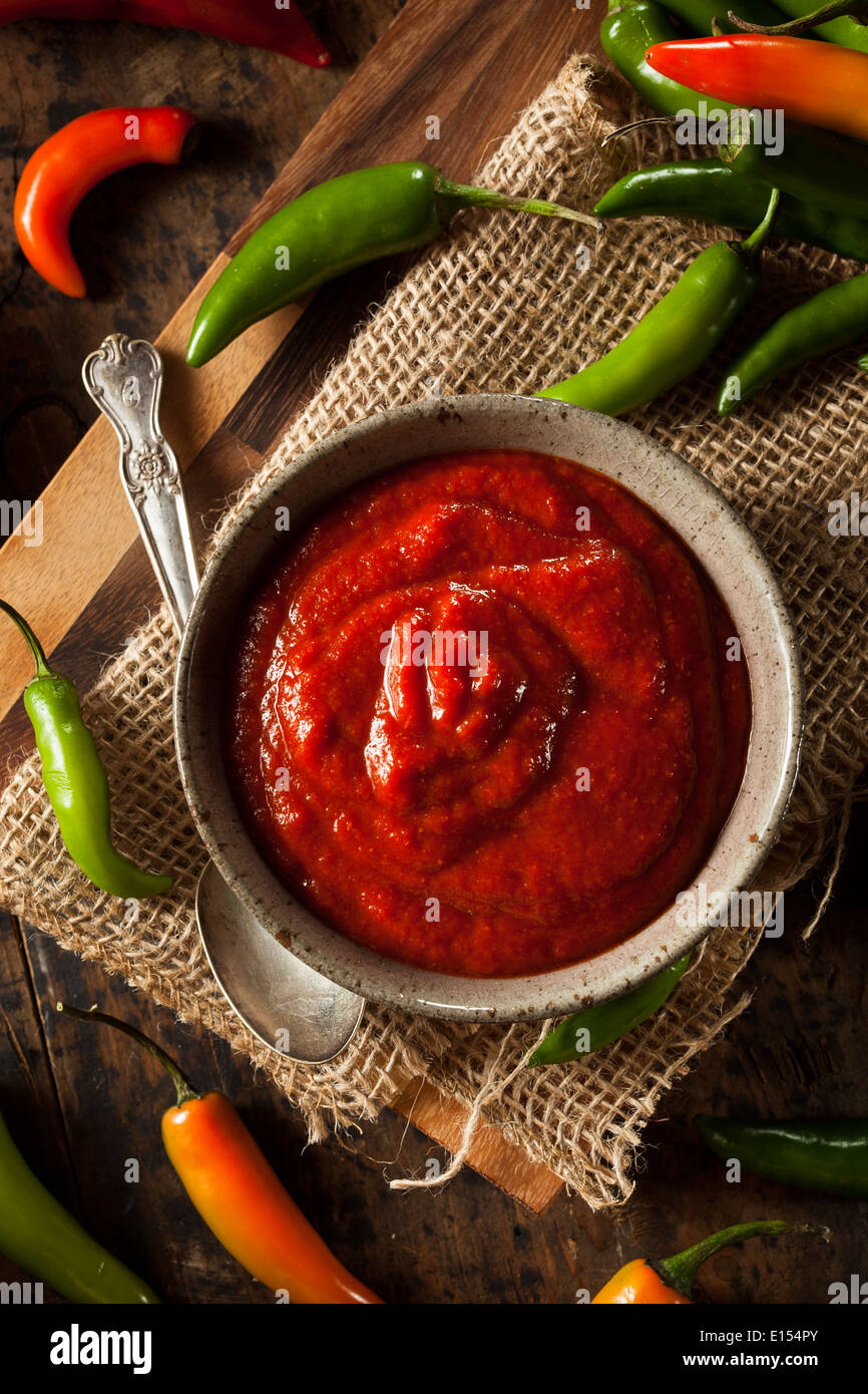 Hot Spicy Red Sriracha salsa in una ciotola Foto Stock