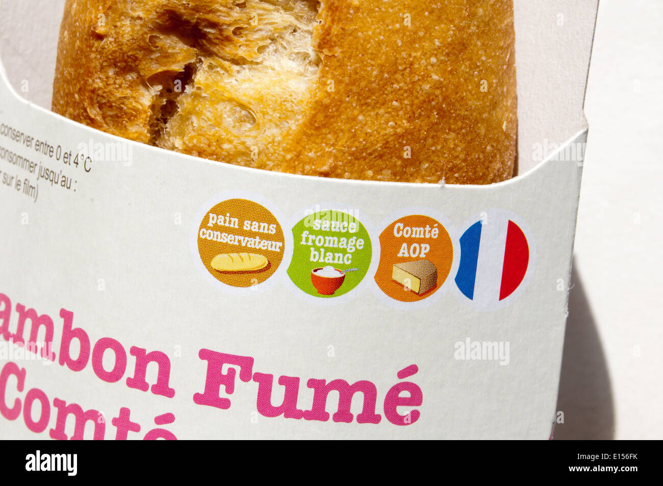 Simboli sulla confezione di un sandwich di francese. Foto Stock