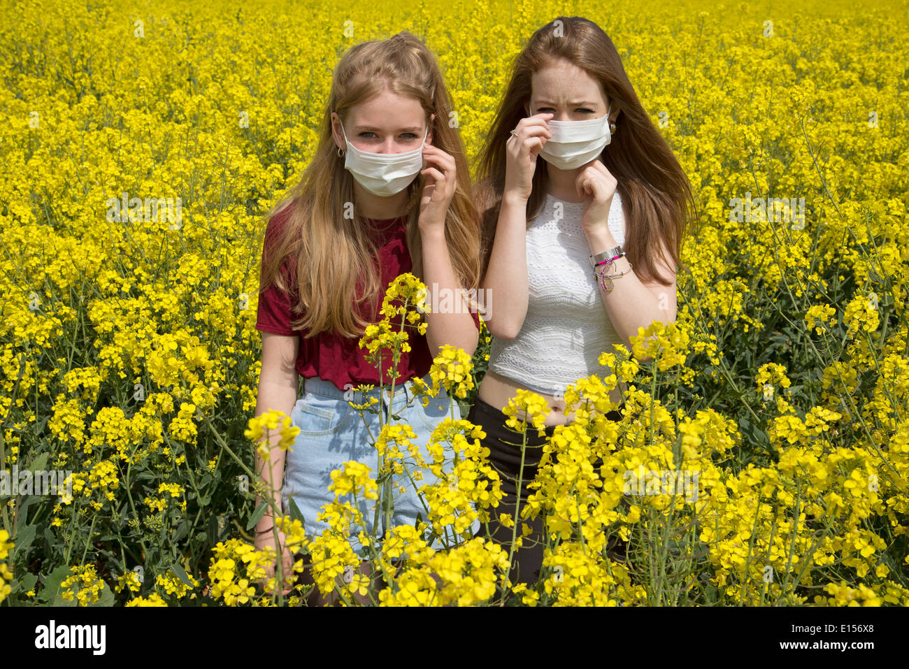 Ritratto di due ragazze adolescenti in un campo di colza che indossa una maschera facciale per coloro che soffrono di allergie Foto Stock