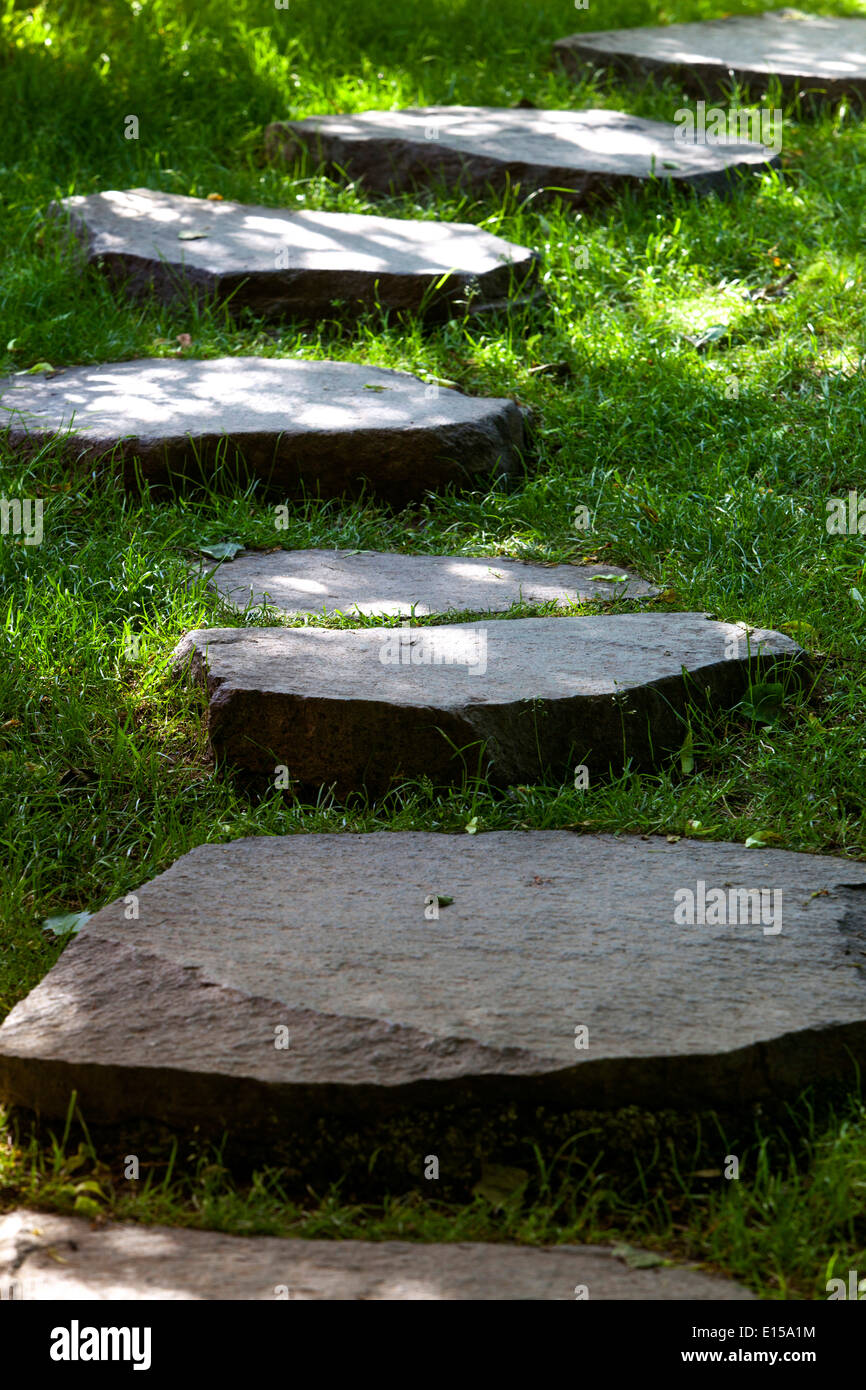 Passaggio percorso in pietra giardino in un luogo ombreggiato nel giardino, pietre in erba prato, pietra percorso Foto Stock