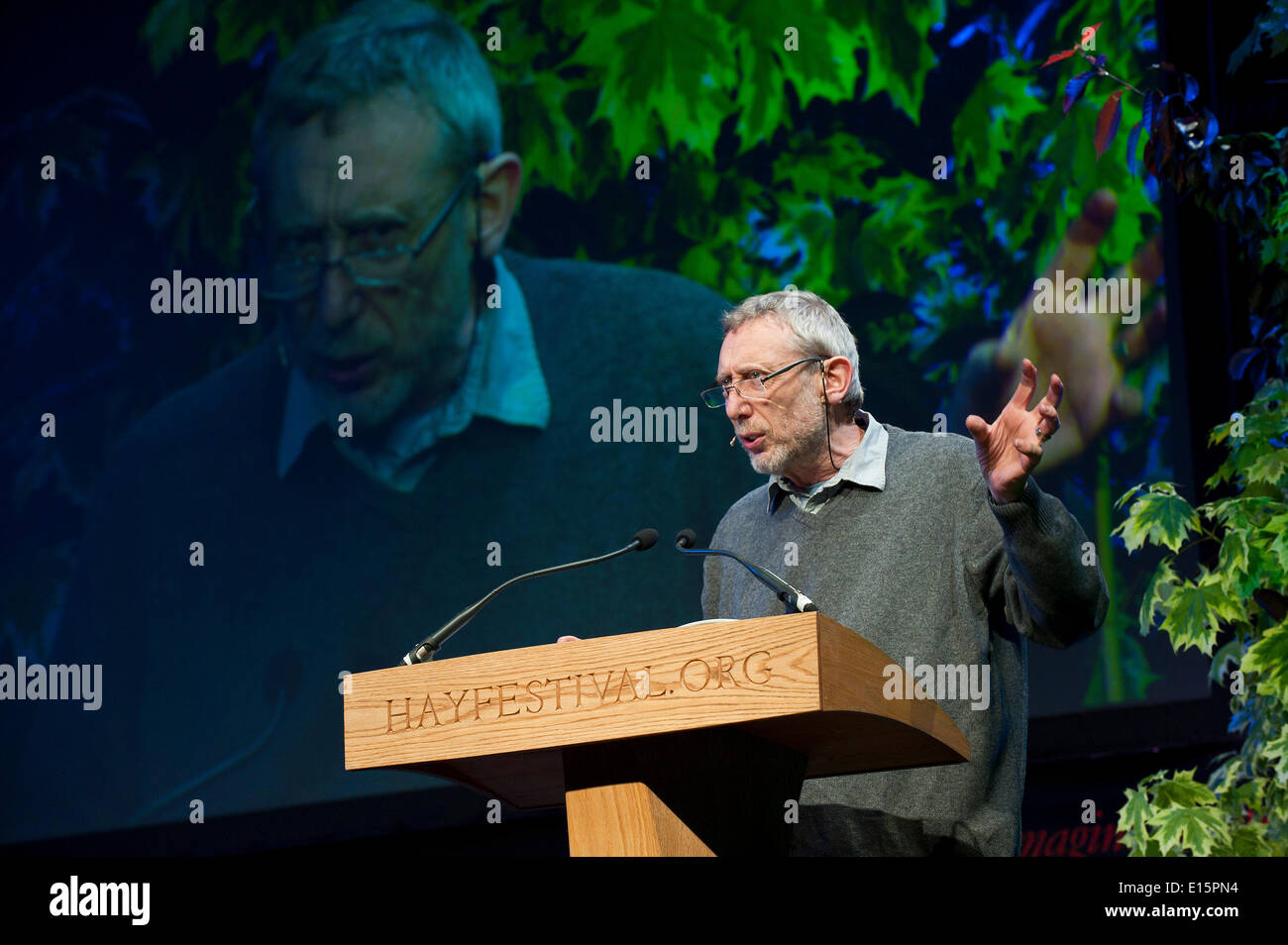 Hay-on-Wye, Powys, Regno Unito. Il 23 maggio 2014. Poeta e autore per bambini Michael Rosen dà un talk. La Hay Festival della letteratura e delle arti festeggia il suo ventisettesimo anno in Galles. Credito: Graham M. Lawrence/Alamy Live News. Foto Stock