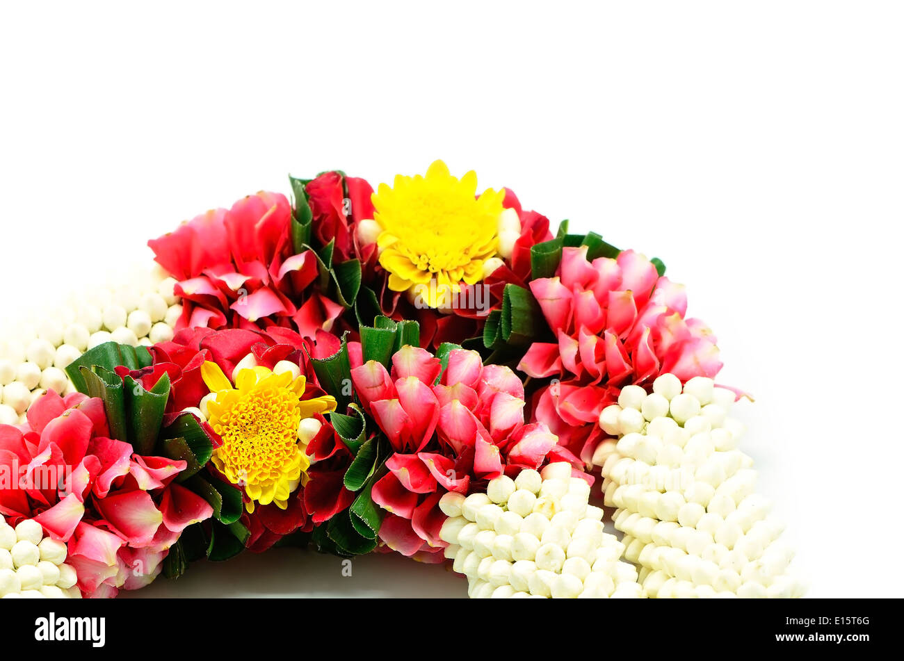 Ghirlanda fiore in stile Tailandese su uno sfondo bianco, utilizzato offrendo al buddha Foto Stock