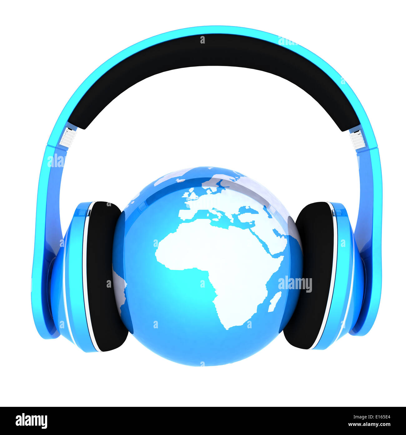 Musica del mondo 3D render del pianeta Terra con le cuffie su sfondo bianco Foto Stock