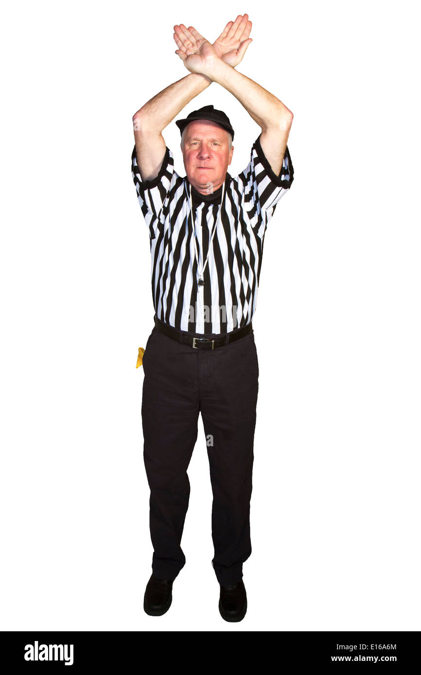 Uomo vestito come un arbitro di NFL tempo di segnalazione o di arresto di clock Foto Stock