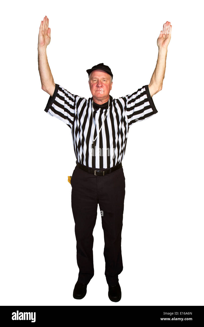 Uomo vestito come un arbitro di NFL touchdown di segnalazione, punto extra o field goal Foto Stock