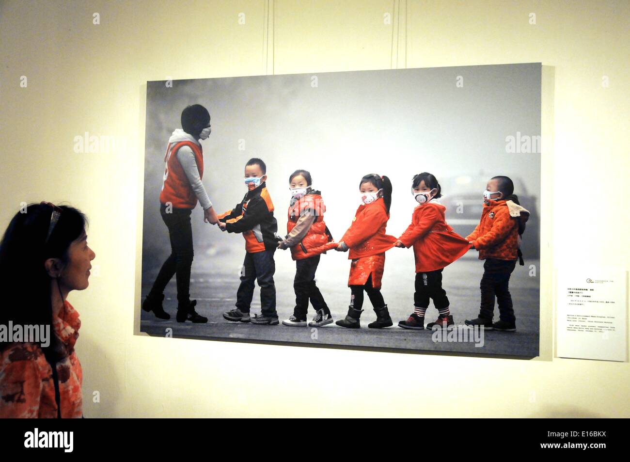 Pechino, Cina. Xxiv Maggio, 2014. Un visitatore visualizza la foto "Figli di Haze' al decimo China International Press Photo Contest (CHIPP) vincente mostra fotografica a Pechino Capitale della Cina, 24 maggio 2014. La mostra, visualizzazione 229 foto vincitrici, dato dei calci fuori alla Cina Monumento Millenario di sabato. © Wang Zhen/Xinhua/Alamy Live News Foto Stock