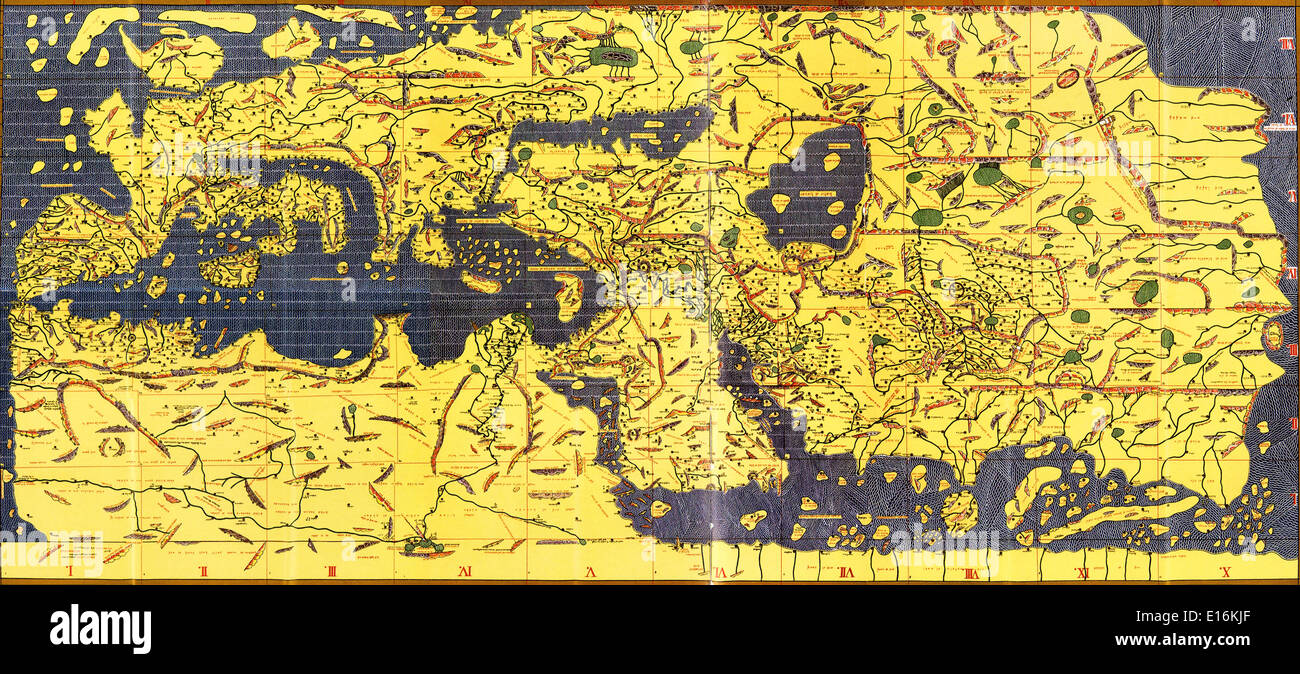 Tabula Rogeriana vecchia mappa del mondo, 1154 AD (capovolto con il nord orientato verso l'alto) Foto Stock