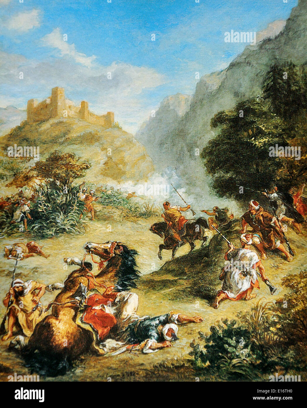 Gli arabi Skirmishing nelle montagne di Eugène Delacroix,1863 Foto Stock