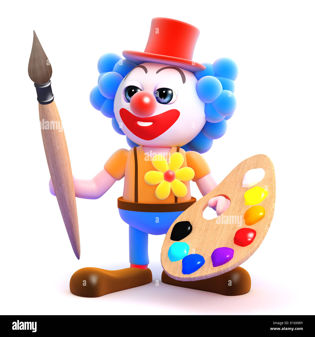 3d Clown detiene un pennello e la tavolozza dei colori Foto Stock