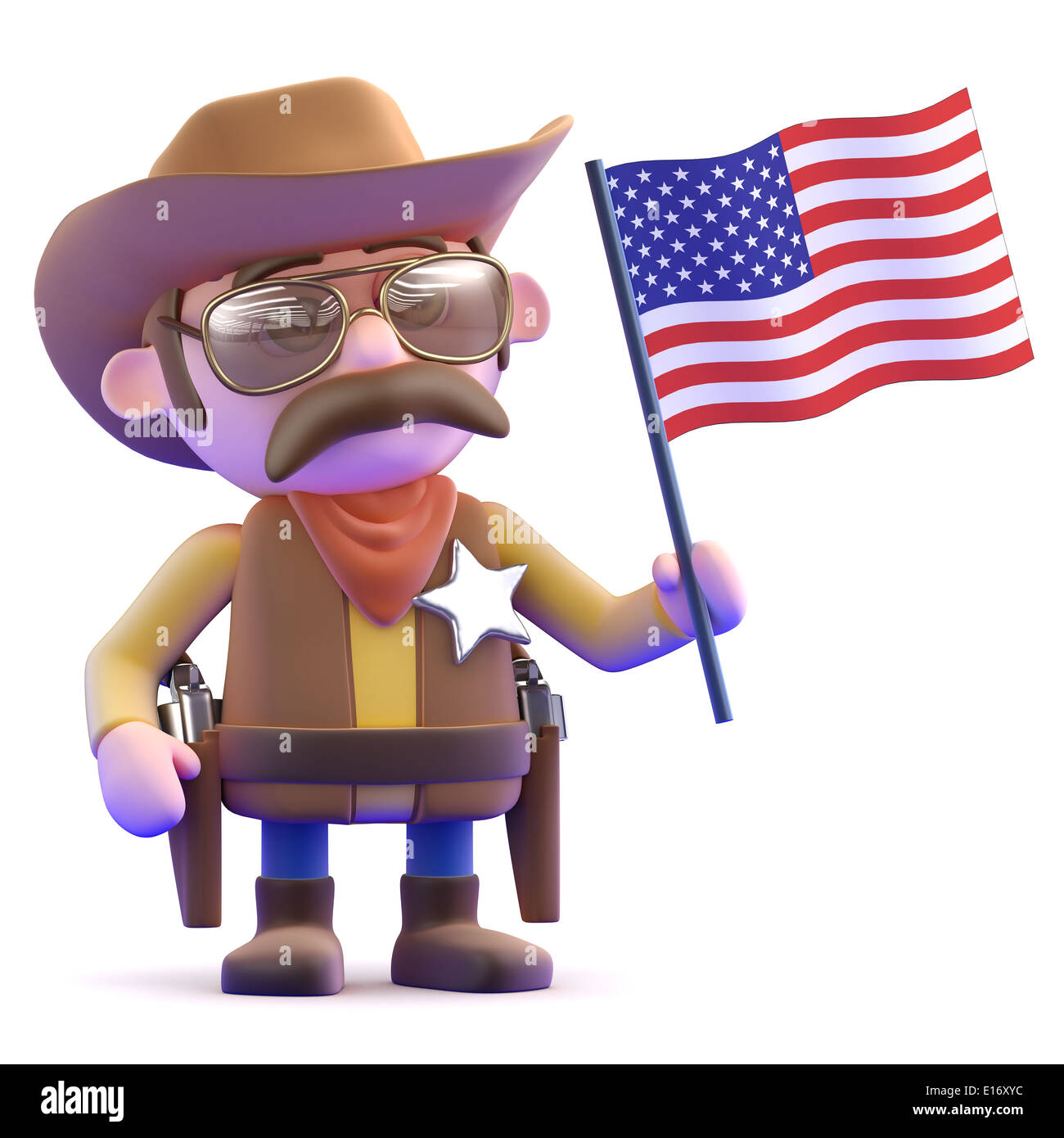 3d onde Cowboy la sua bandiera americana con grande orgoglio Foto Stock