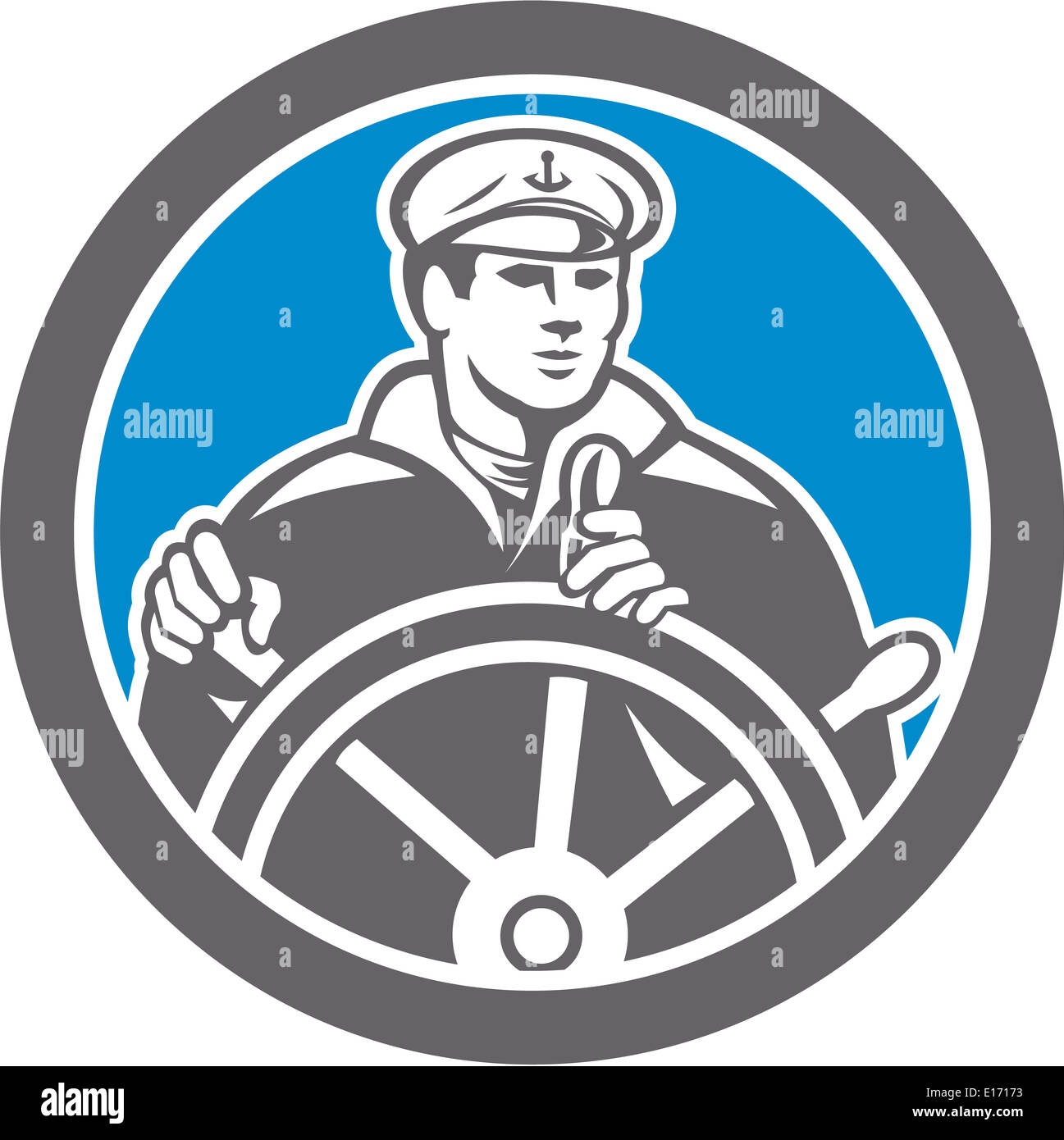 Illustrazione di un pescatore di mare capitano al timone della ruota rivolta verso il lato anteriore impostato all'interno del cerchio fatto in stile retrò. Foto Stock