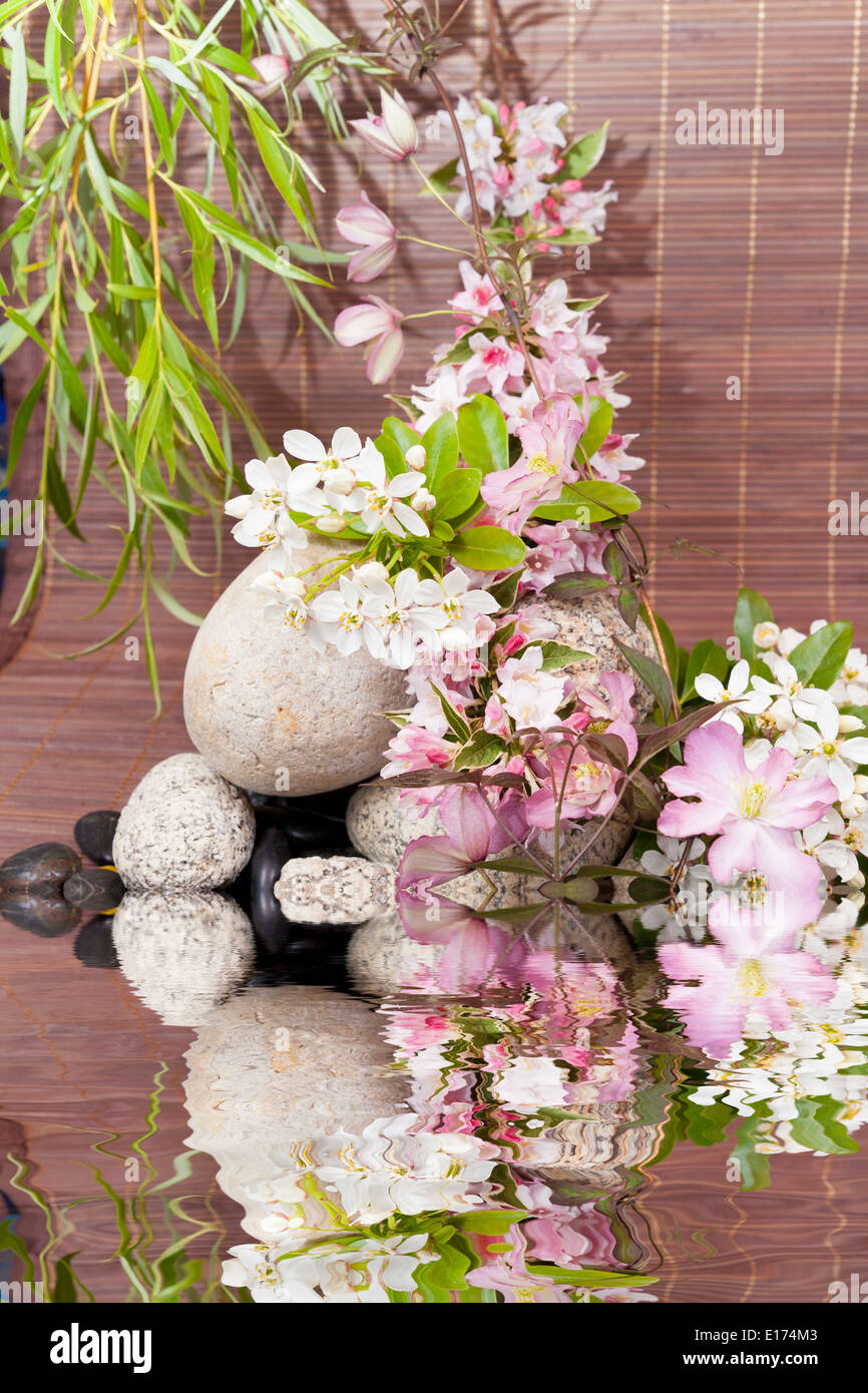 Concetto di spa con pietre zen sull'acqua, fiori e bambù Foto Stock