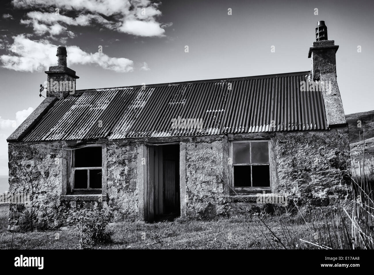 Edificio, Croft House, ferro corrugato tetto, abbandonati, Foto Stock