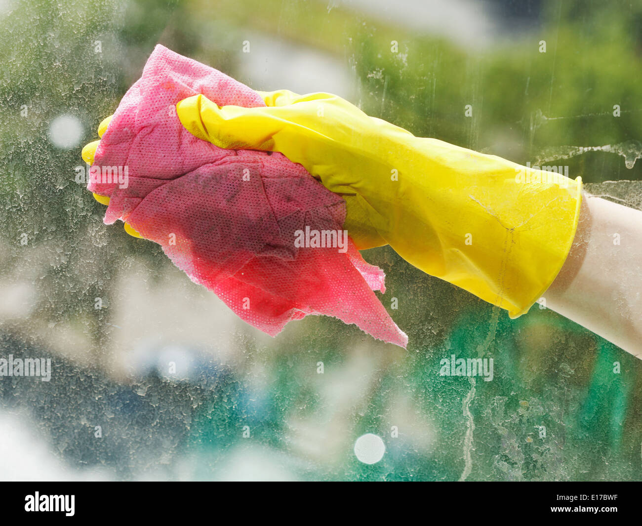 Parte in gomma gialla guanto di Pulizia vetro Vetro mediante straccio bagnato Foto Stock