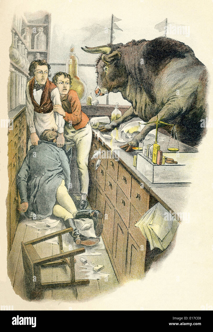 Questa illustrazione risale all'ottocento e accompagnato "Japhet, in cerca di un padre' (1836) e mostra un toro in un negozio. Foto Stock