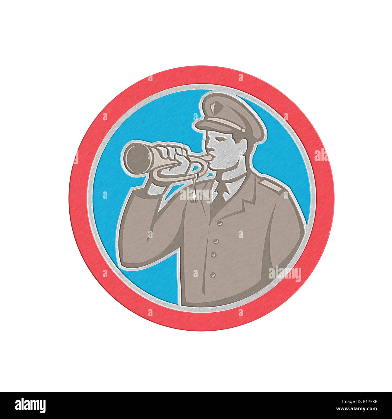 In stile metallico illustrazione di un soldato della polizia militare personale soffiando una tromba imposta all'interno di un cerchio fatto in stile retrò. Foto Stock