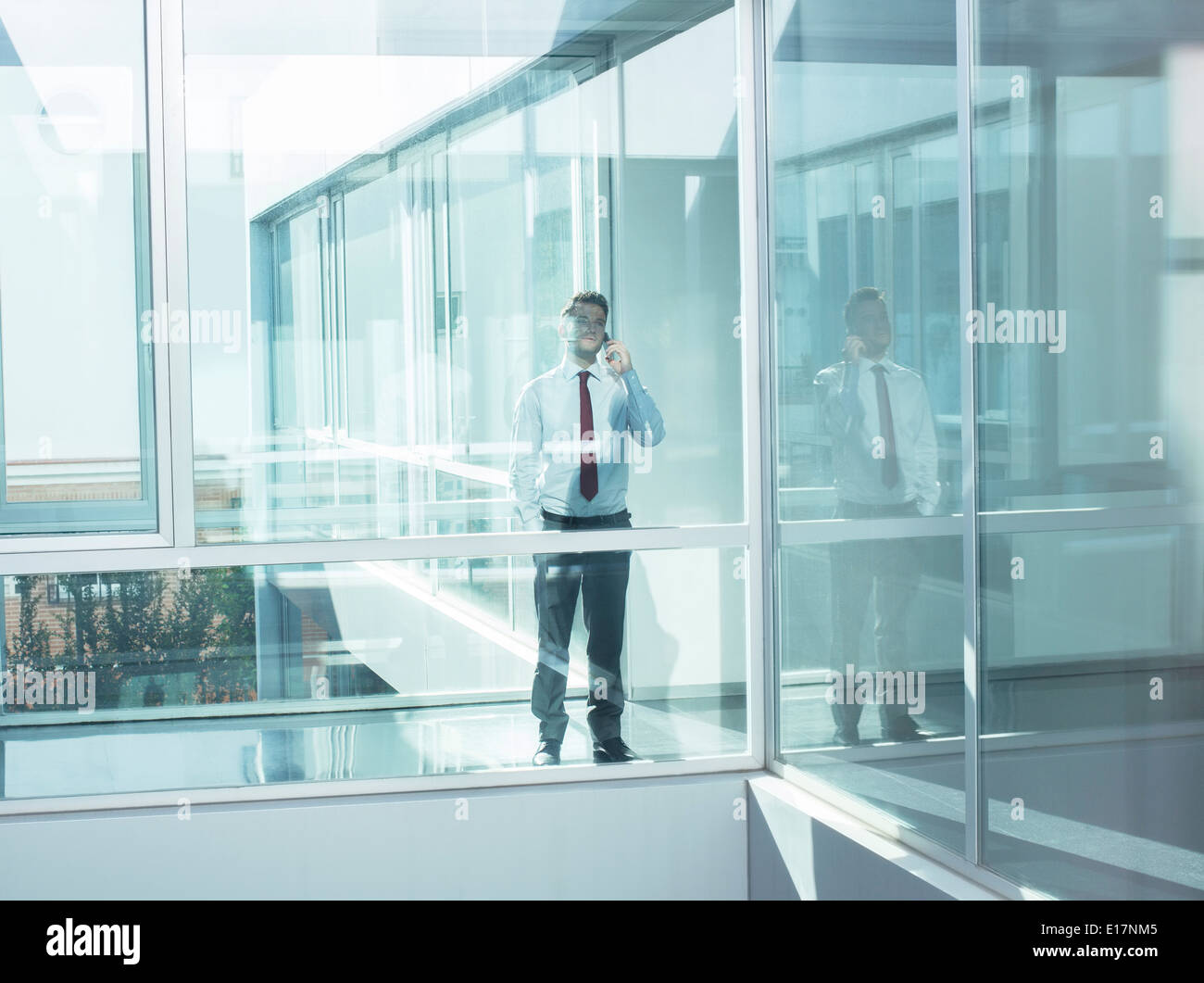 Imprenditore parlando al cellulare in un ufficio moderno Foto Stock