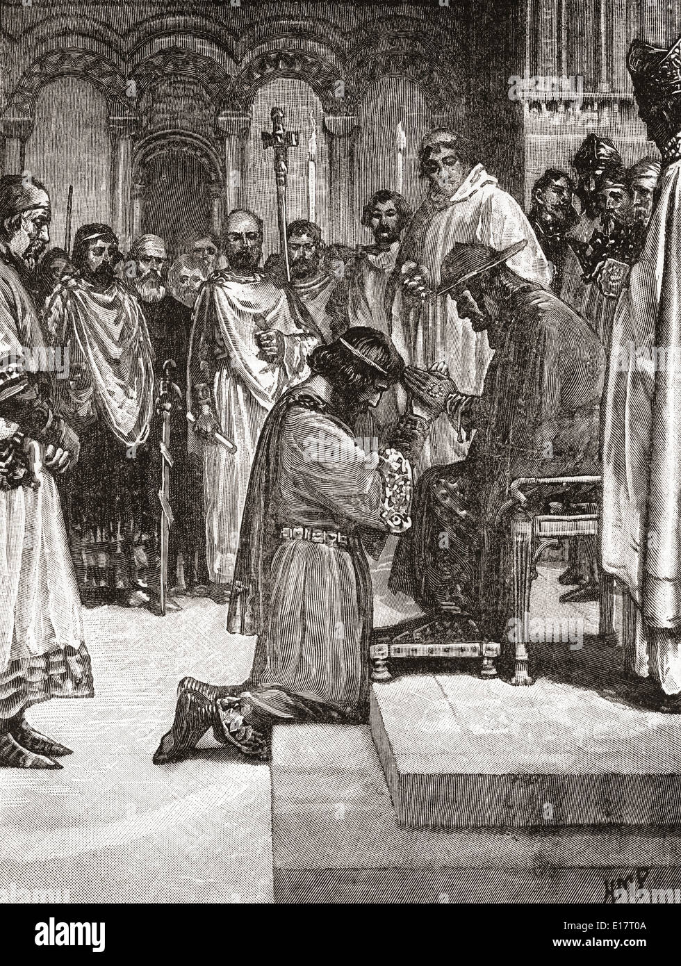 Giovanni rende omaggio al legato del Papa Innocenzo III nel 1213. Giovanni, 1166 - 1216, aka John Lackland, re d'Inghilterra. Foto Stock