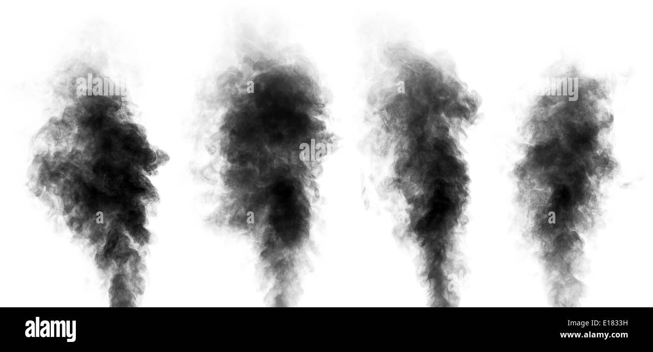 Set di black Steam cercando come fumo isolati su sfondo bianco. Raccolta di nuvole di fumo nero. Foto Stock