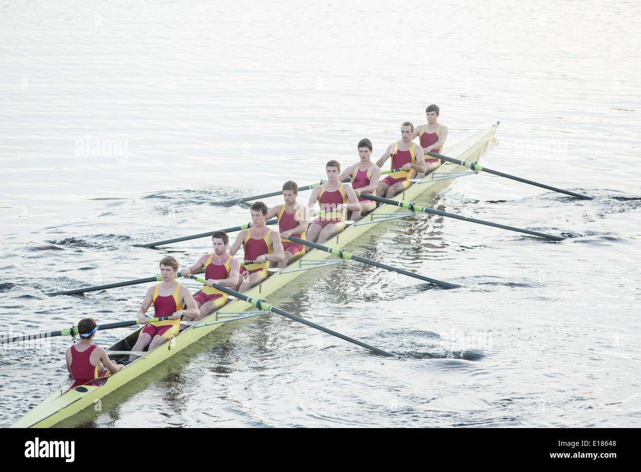 Il team di canottaggio scull canottaggio sul lago Foto Stock