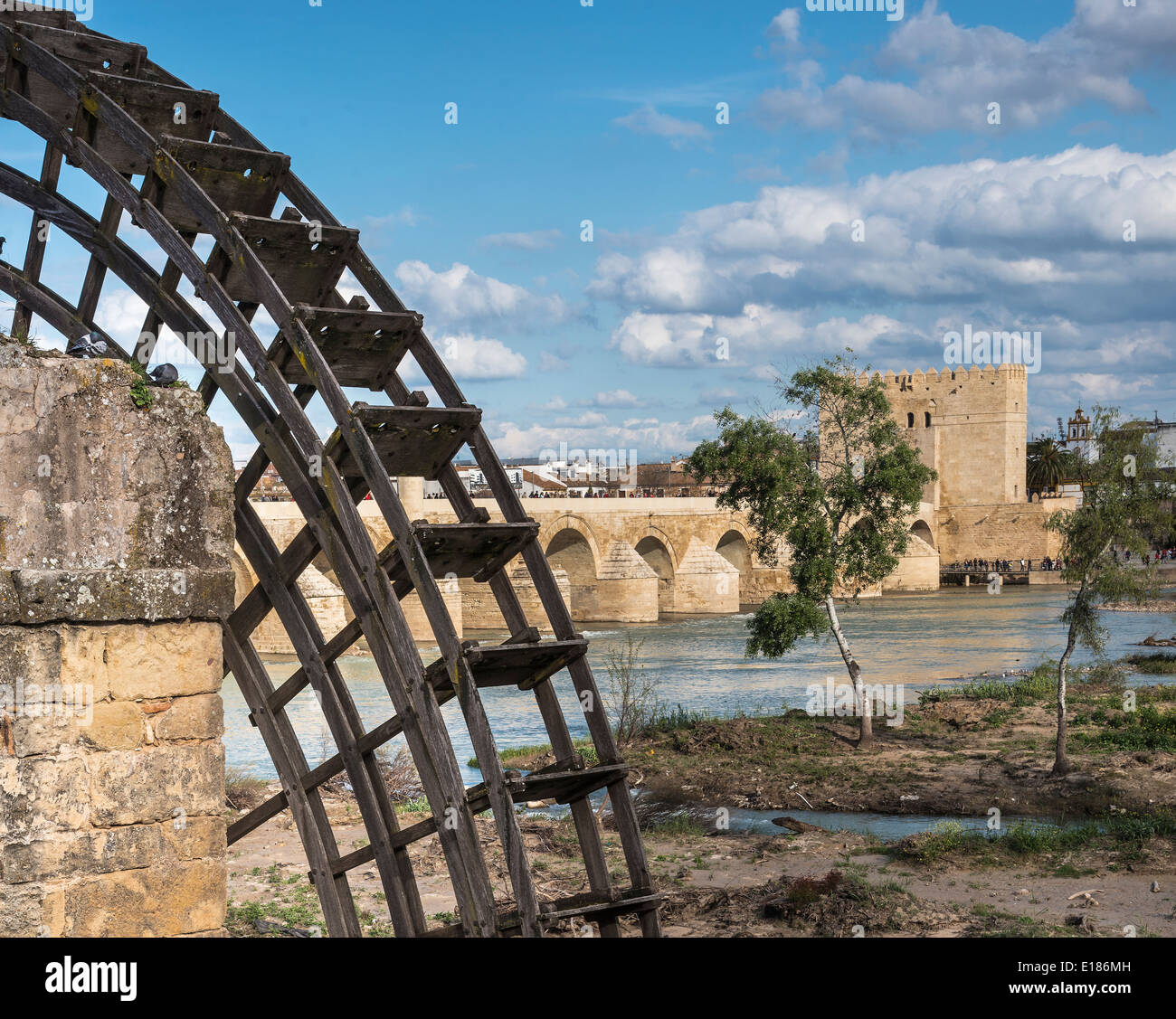 Antico mulino ad acqua sul fiume Guadalquivir con il ponte romano e Torre de la Calahorra dietro. Cordoba, Andalusia, Spagna Foto Stock